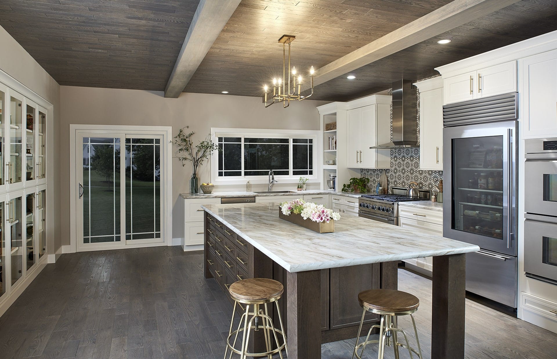 Luxury kitchen with sliding door at night