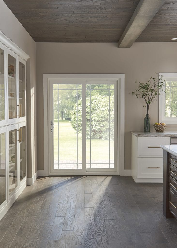 Kitchen with white sliding patio door