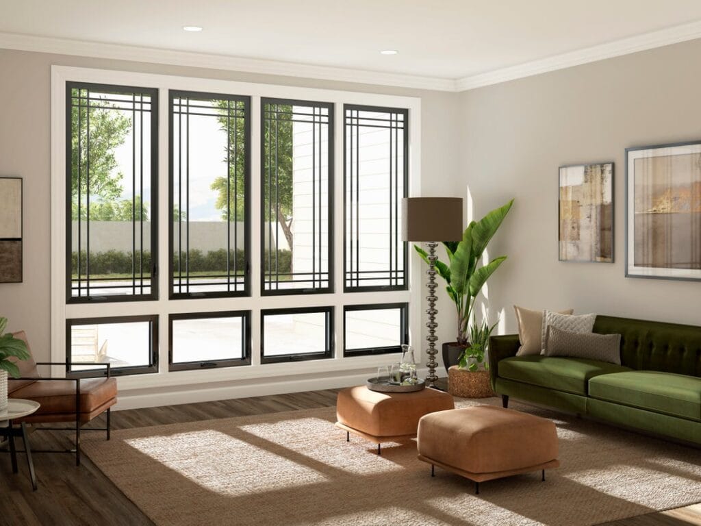 Replacement awning windows with black frames from Window World in living room