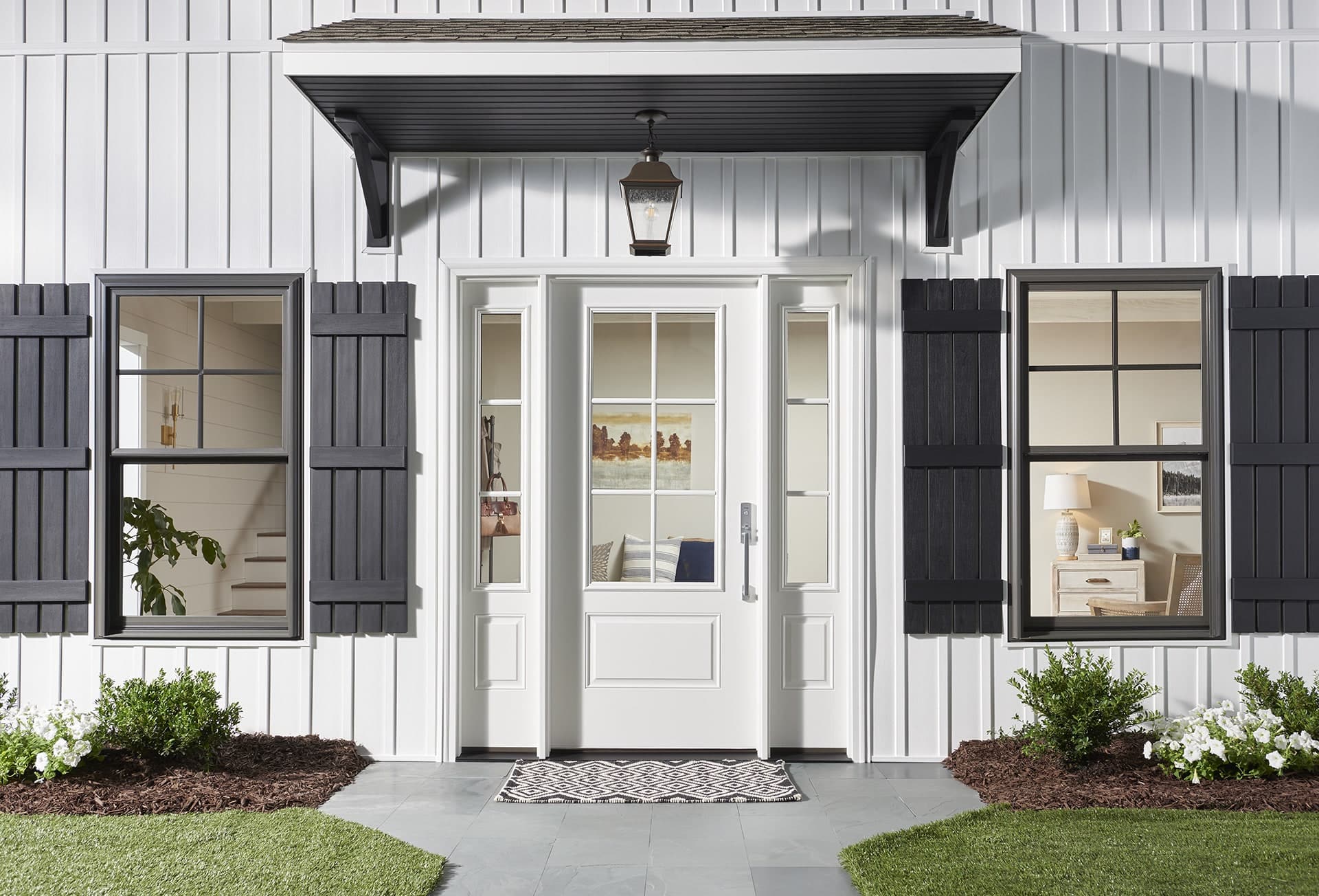 white home with replacement entry door