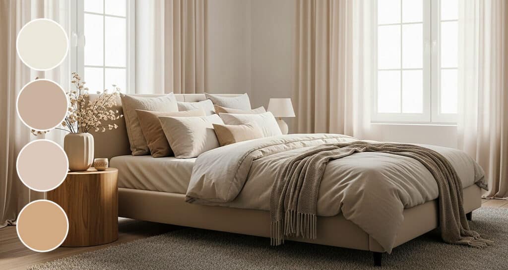 a bedroom decorated in warm neutrals